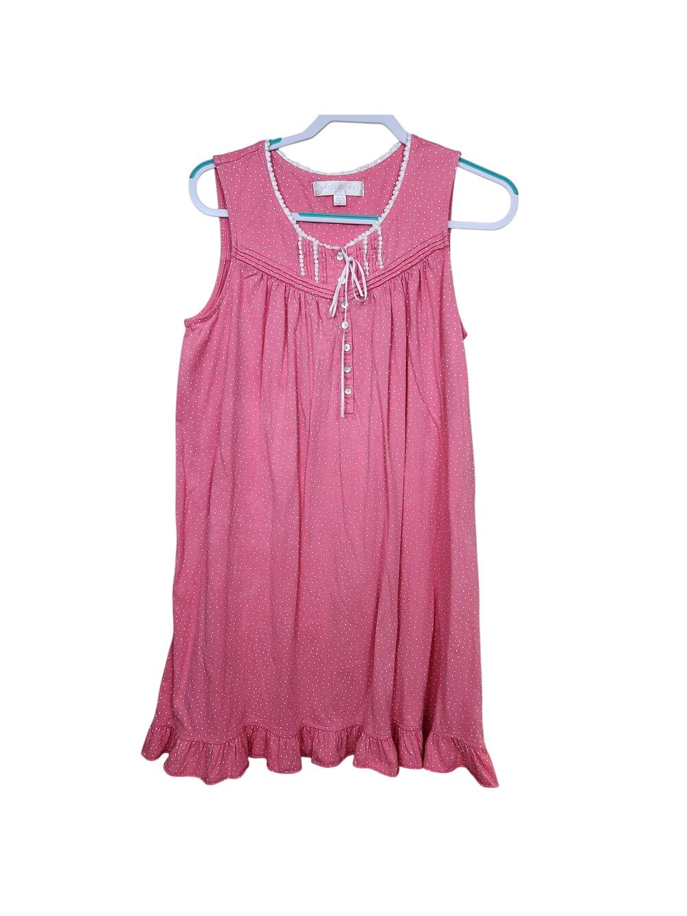 Eileen West Coquette Pink Polka Dot Pima Cotton Nightgown Ruffle Bow Womens SZ S